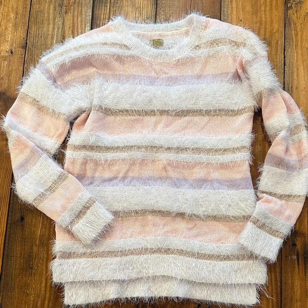 True Craft Fuzzy Striped Sweater - Pink, Cream, and Brown girls large 10-12